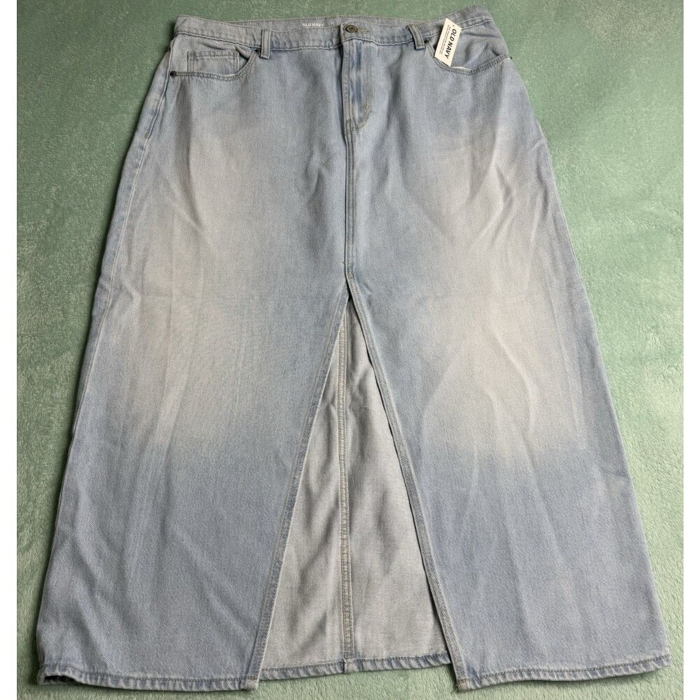 Old Navy Mid Rise Denim Maxi Skirt Size 14 Nice Fade Front Slit Western Boho